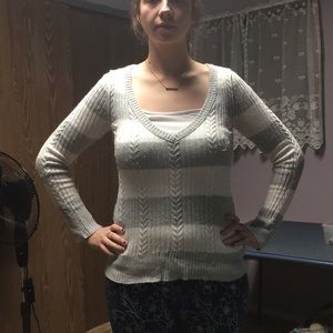 Grey/ White Striped V-Neck Sweater
